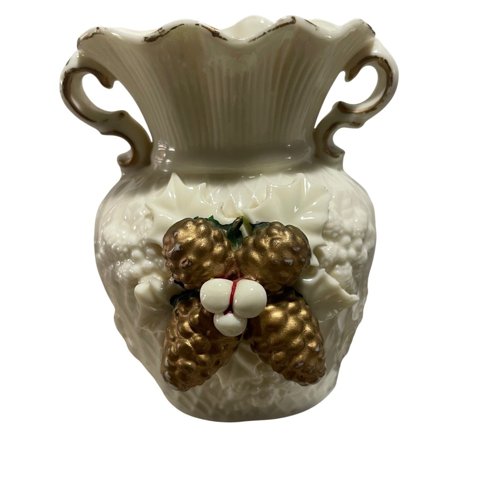 Vintage Cream Porcelain Bud Vase Gold Pinecone Holly Berry Scalloped Gilt Rim